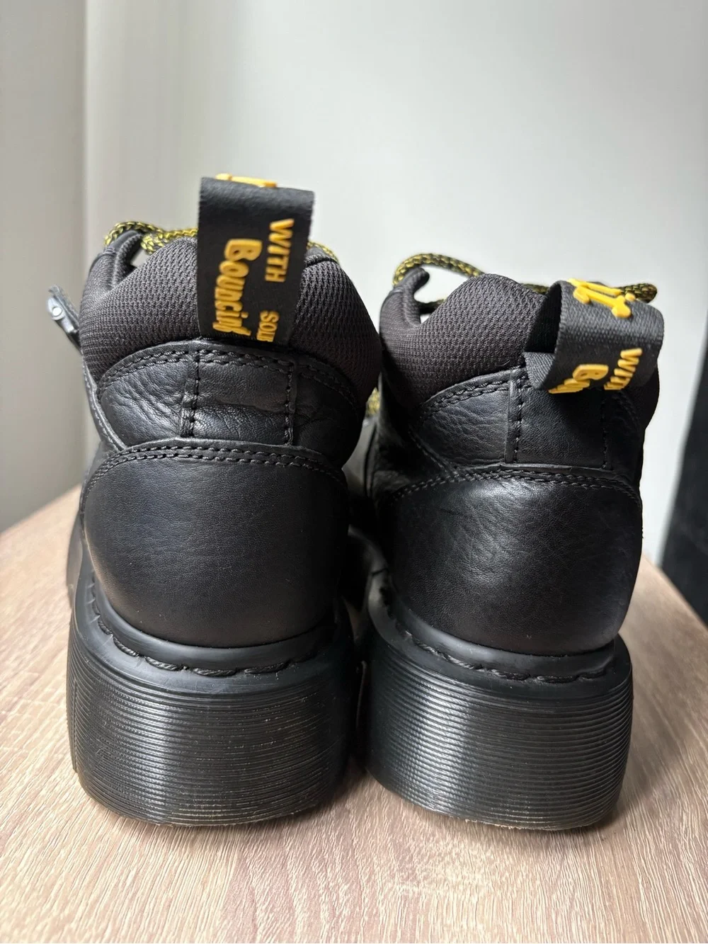 Dr. Martens Black Leather Woodard Boots with Yellow Stitching